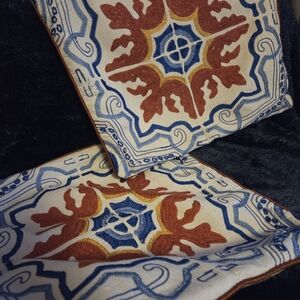 Set of 2 Pier 1 Embroidered Medallion Pillow Covers Boho Blue Rust Gold